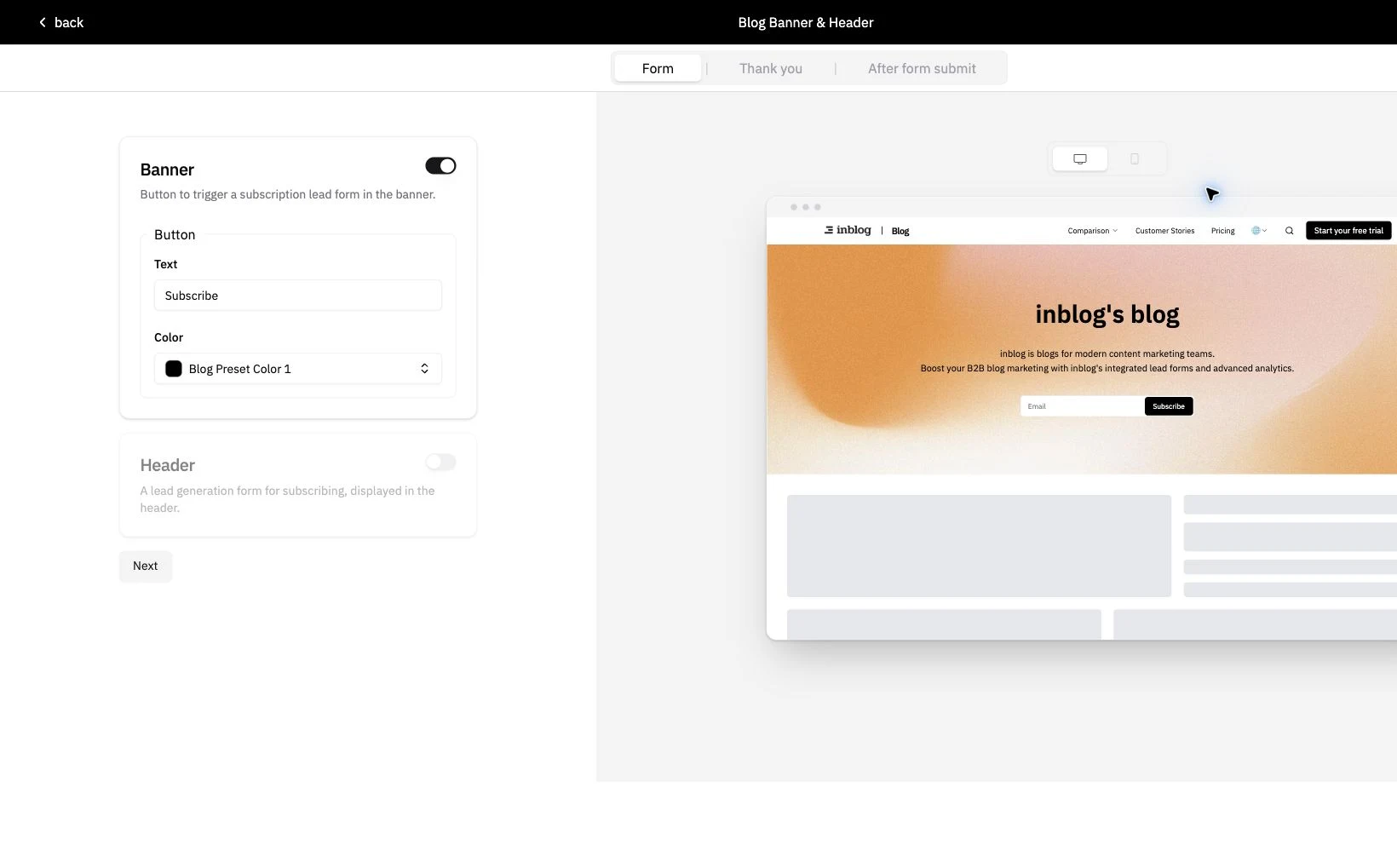 Lead generation form interface