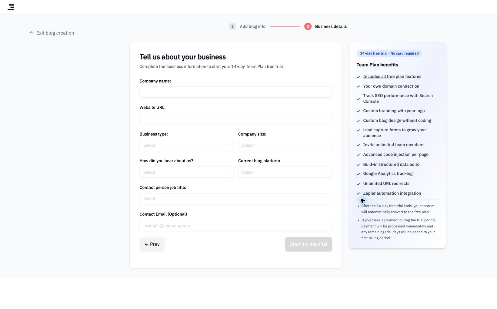 Business information setup